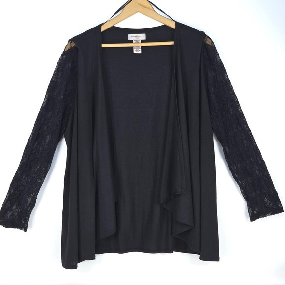 COVINGTON Woman 24/26W Black Lace‑Sleeve‎ Open‑Front Drape Cardigan - Picture 1 of 15